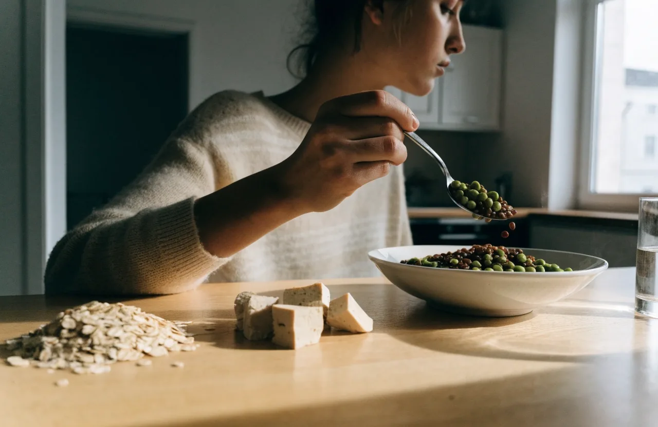 A kitchen bench with lentils, tofu, oats and parsley ready for a plant-based weekday meal