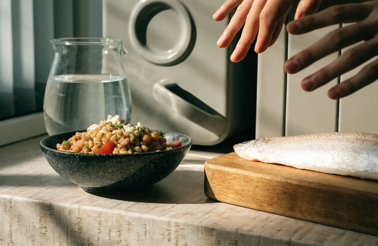 A high-protein grain salad and fresh fish on a kitchen counter in soft afternoon light
