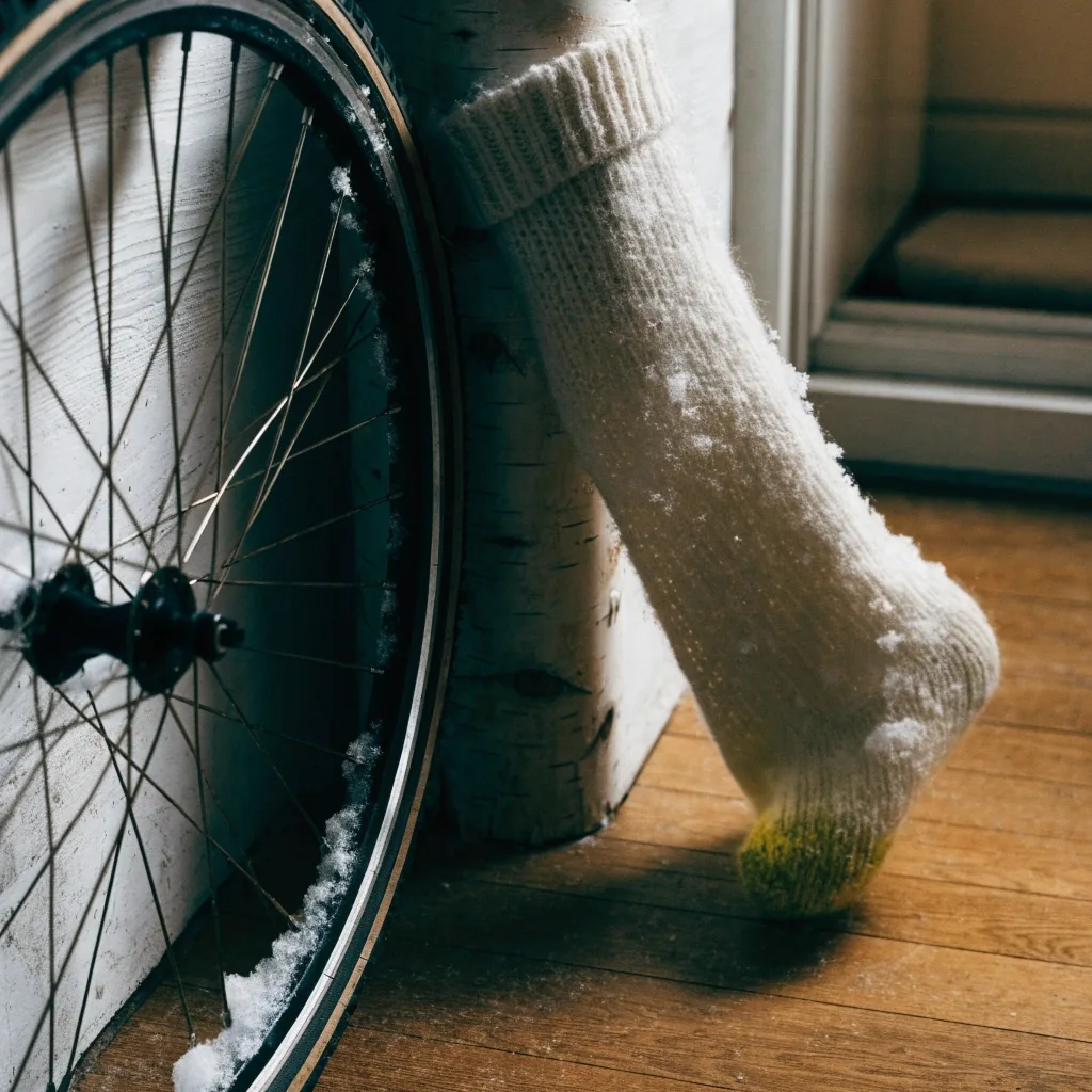 A snow-dusted bicycle wheel and wool sock resting against a birch wall in a Finnish hallway