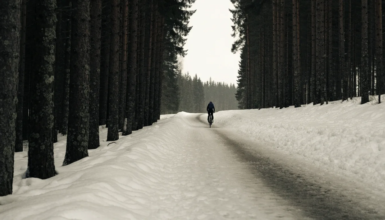 A cyclist riding through fresh snow on a plowed path under a pale overcast winter sky