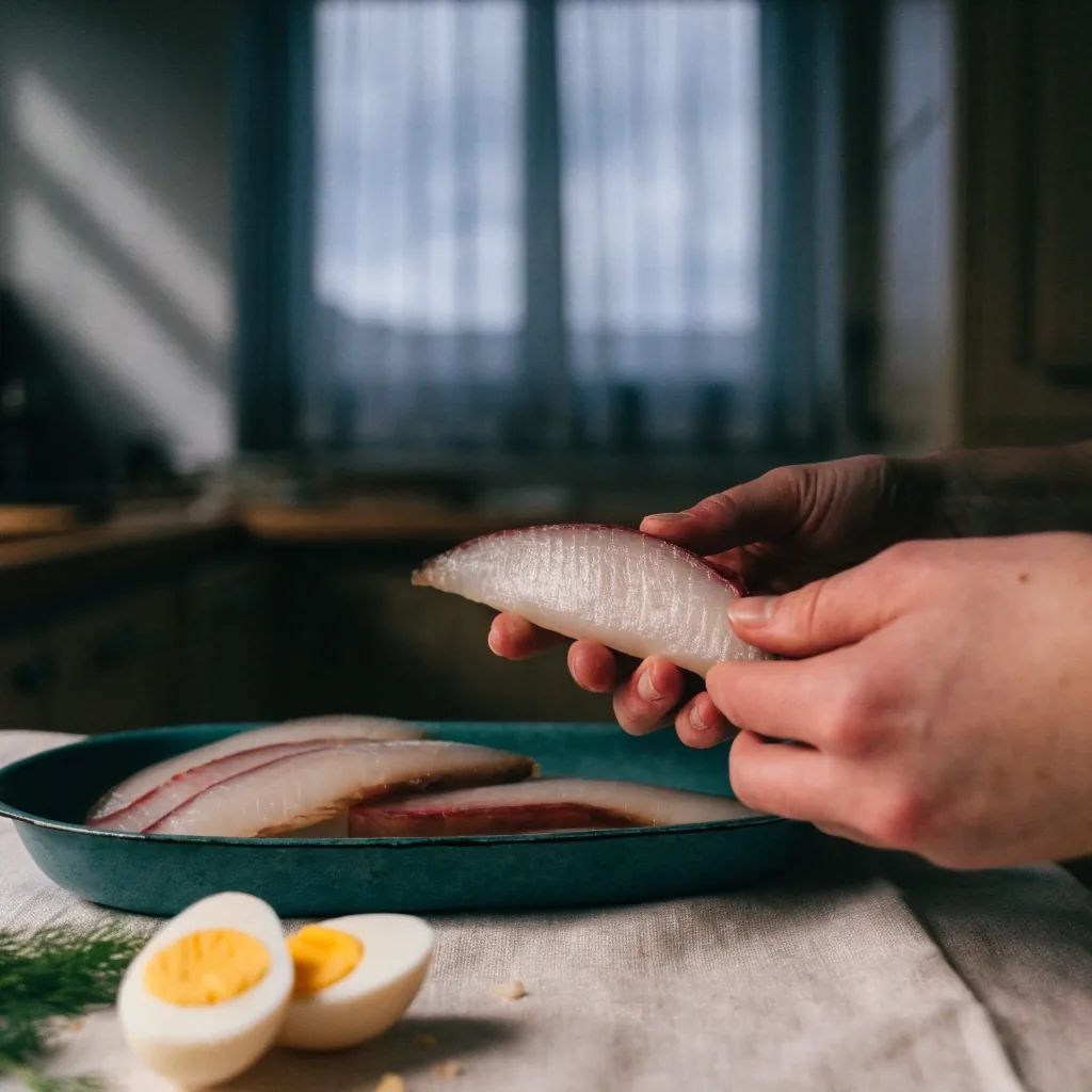 Hands lifting cured fish from a matte enamel tray on a plain cloth
