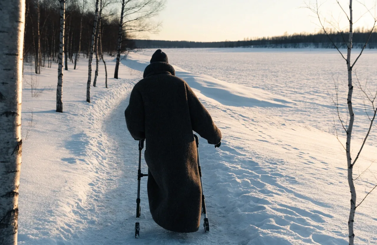 A walker seen from behind on a snowy path beside a frozen Finnish lake in low winter sun