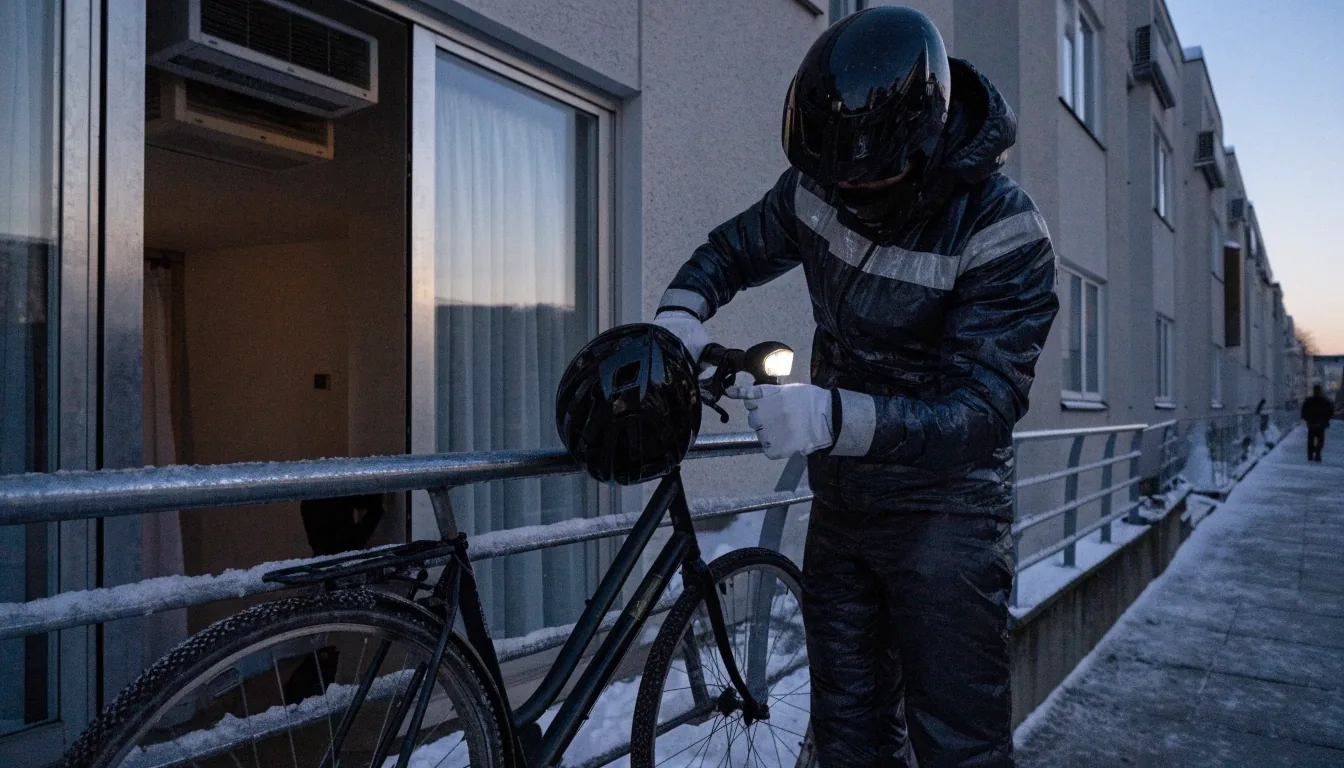Hands adjusting reflective detailing on a winter jacket beside boots in an entryway