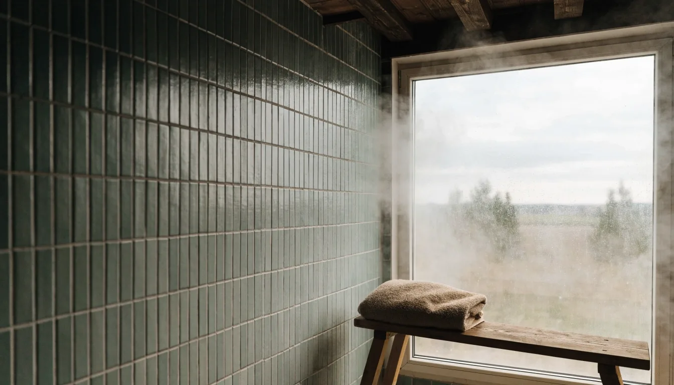 Steam drifting through the high window of a Finnish bathhouse changing room