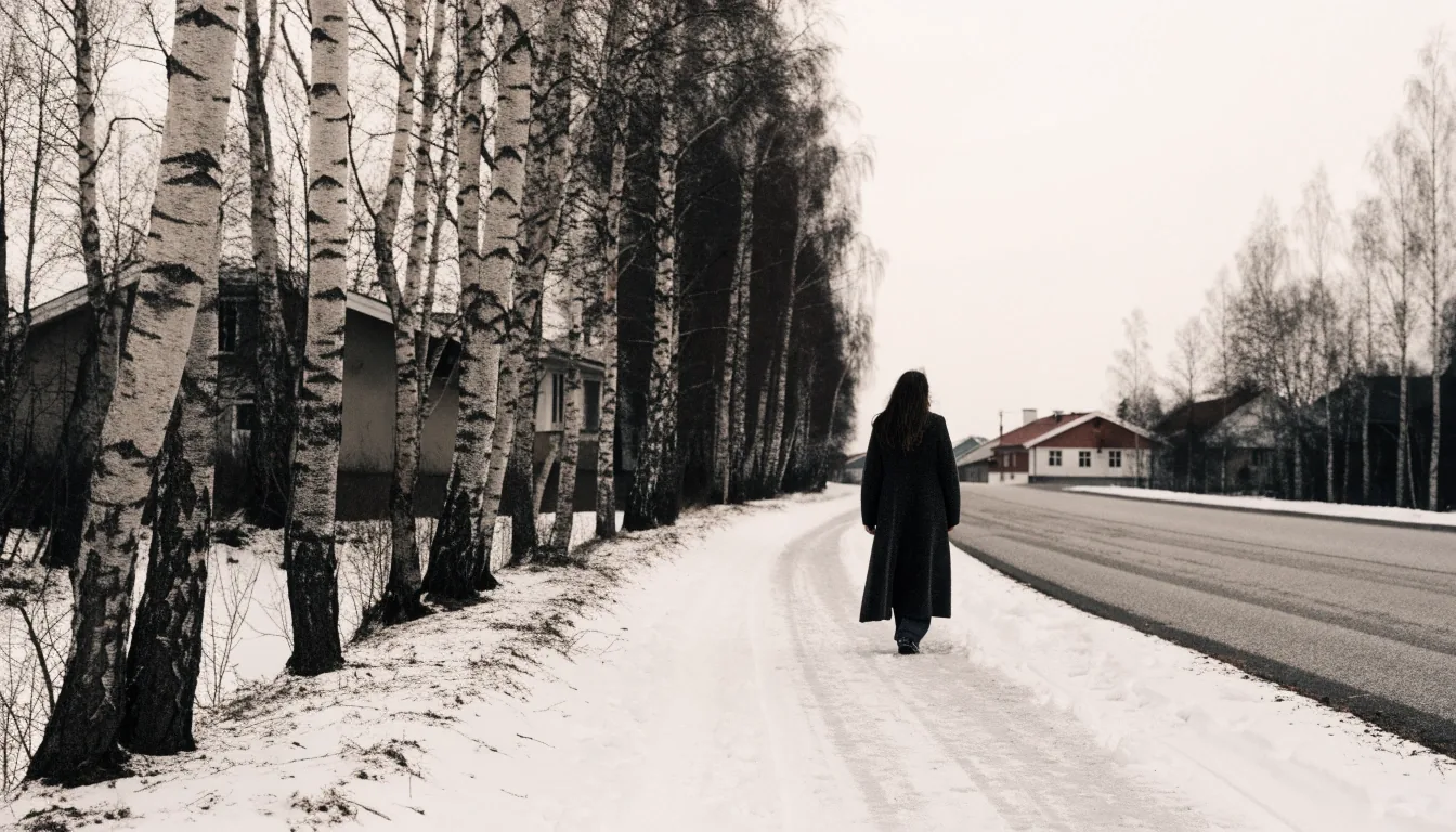 A woman walking along a plowed path between bare birch trees under an overcast sky