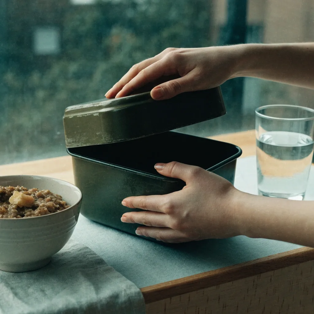 Hands opening a matte enamel lunch container on a linen cloth beside a bowl and a glass of water